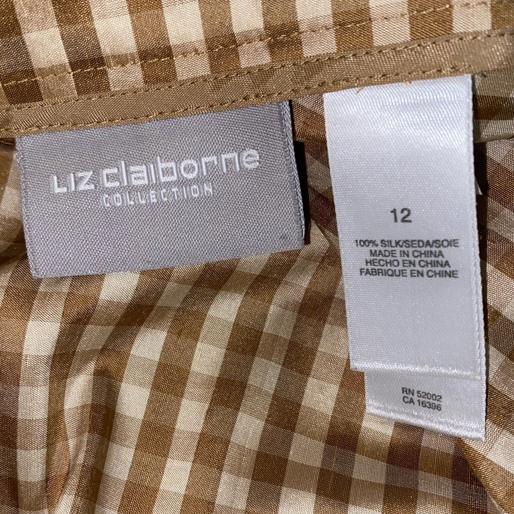100% Silk Liz Claiborne Tan & White Gingham Cropped Pants - Picture 11 of 12